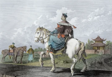 Quan lub mandaryński niosący list od cesarza Chin, grawerowany przez Wilsona, wyd. G. Nicol, 1796 (późniejsze zabarwienie)